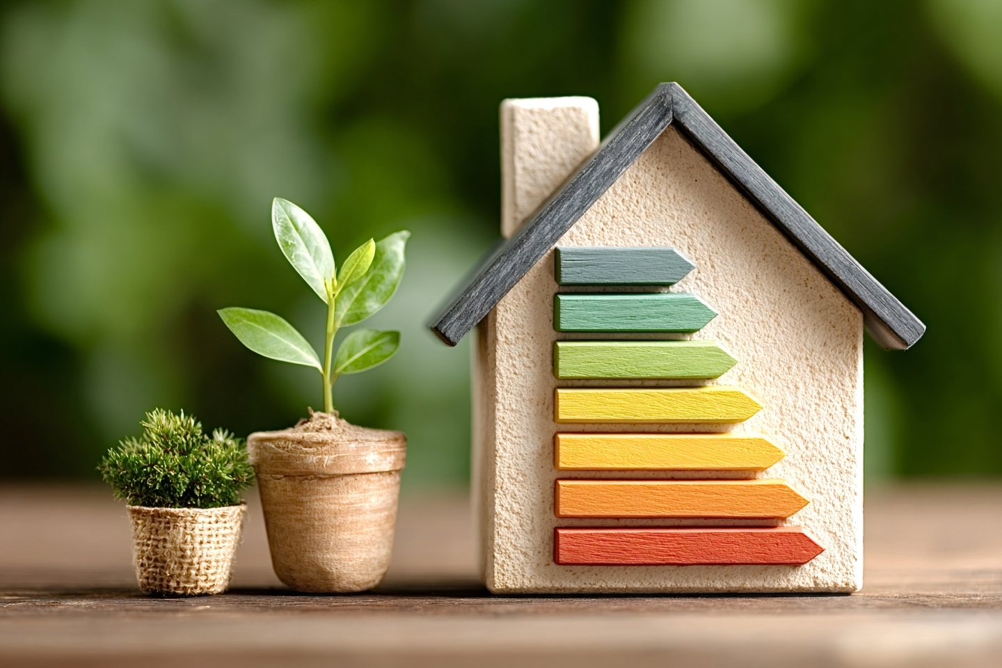 Maquette de maison avec étiquette de performance énergétique colorée et jeune pousse verte