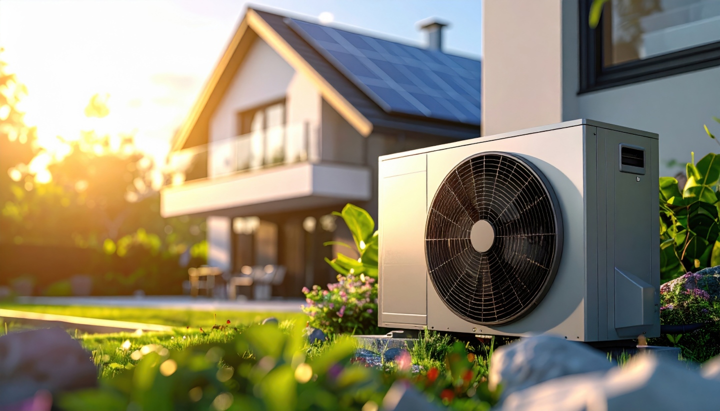 Pompe à chaleur installée dans le jardin d'une maison équipée de panneaux solaires