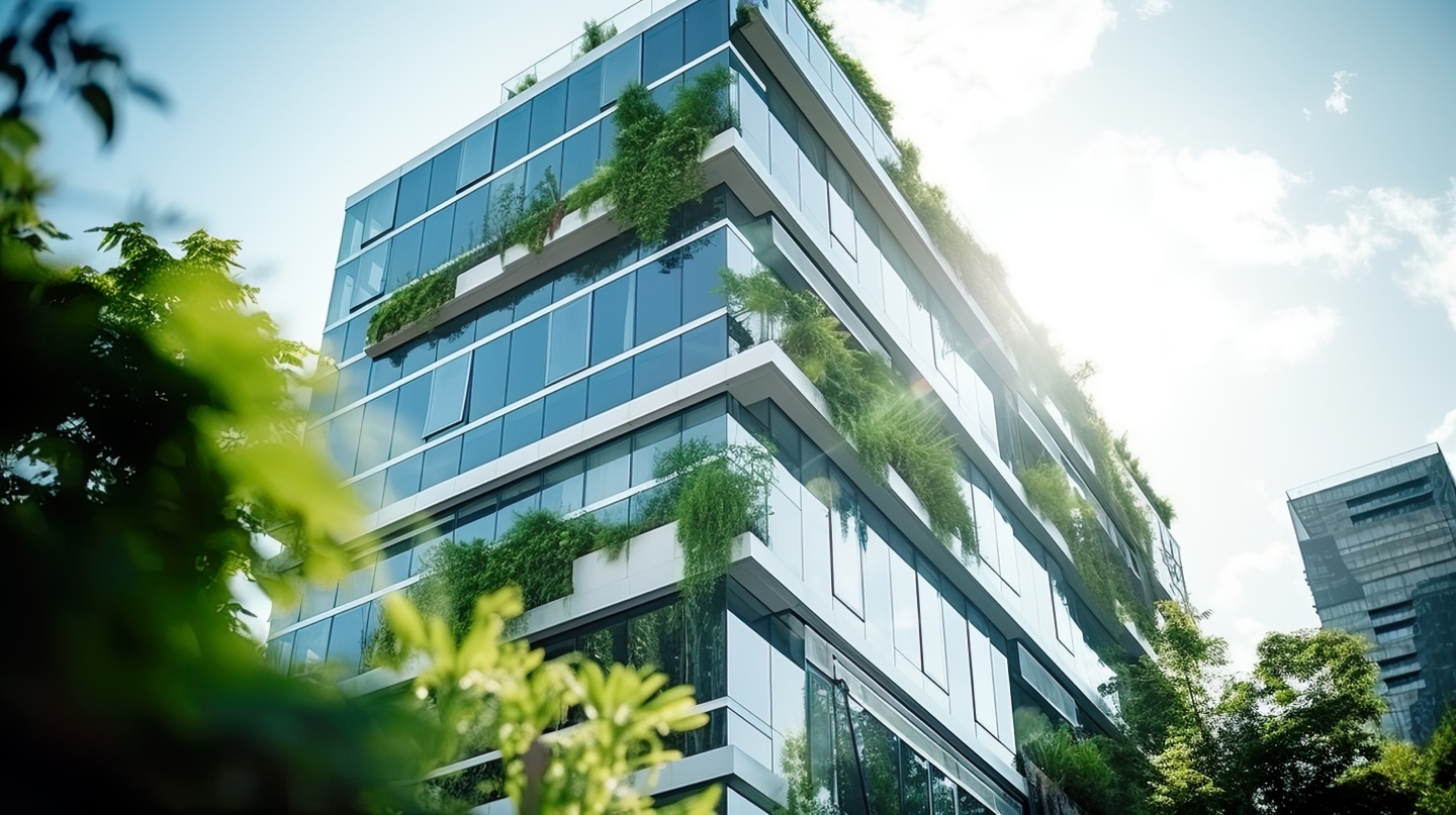 Immeuble de bureaux moderne en verre habillé de plantes grimpantes sous un ciel bleu