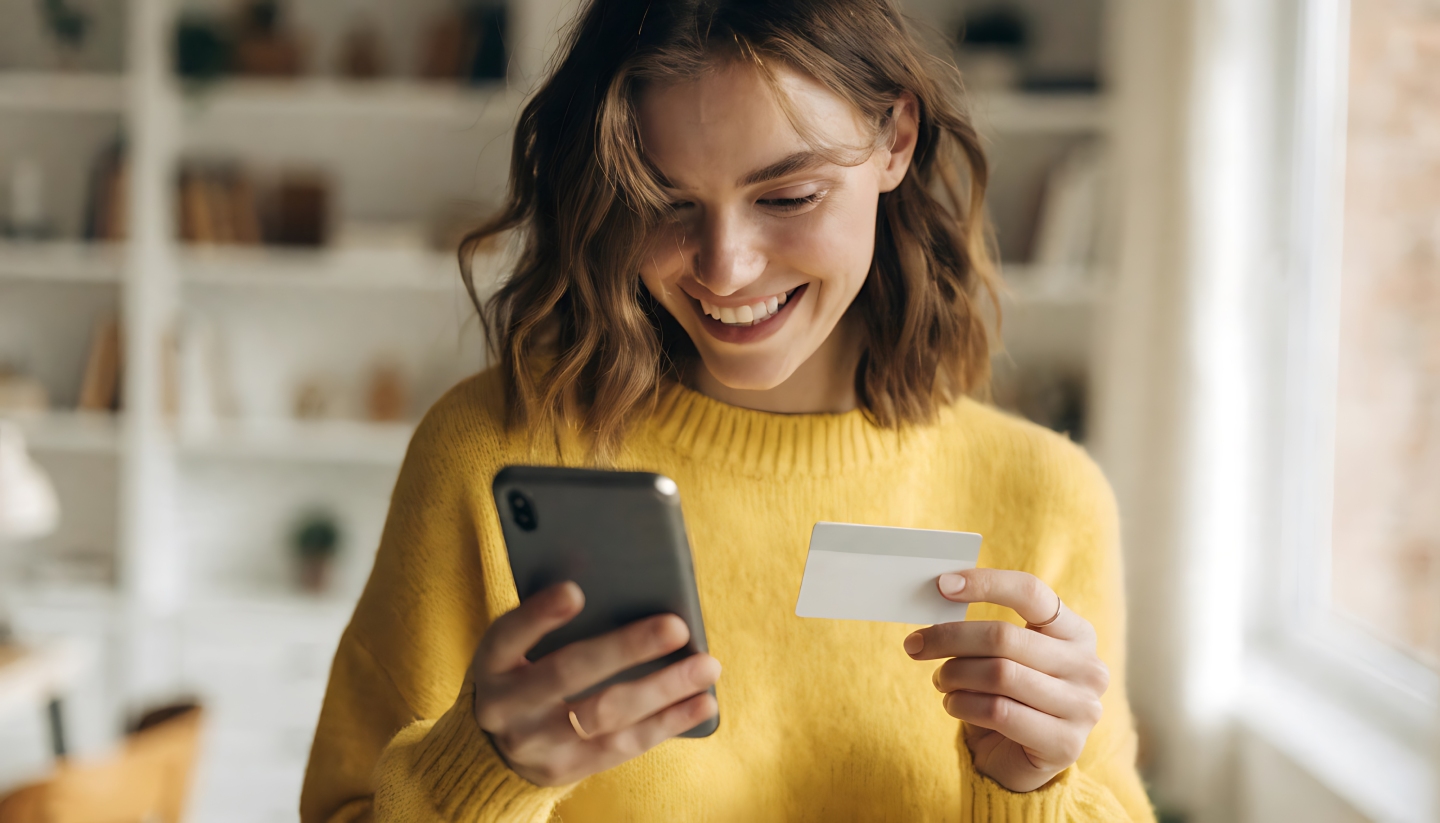 Femme souriante payant en ligne avec sa carte bancaire et son smartphone