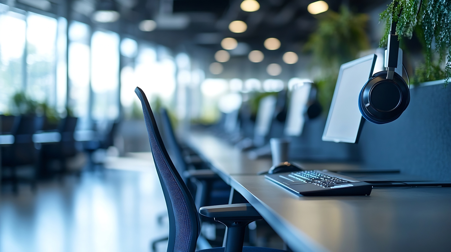 Poste de travail dans un open space de bureau moderne avec fauteuil ergonomique et casque audio