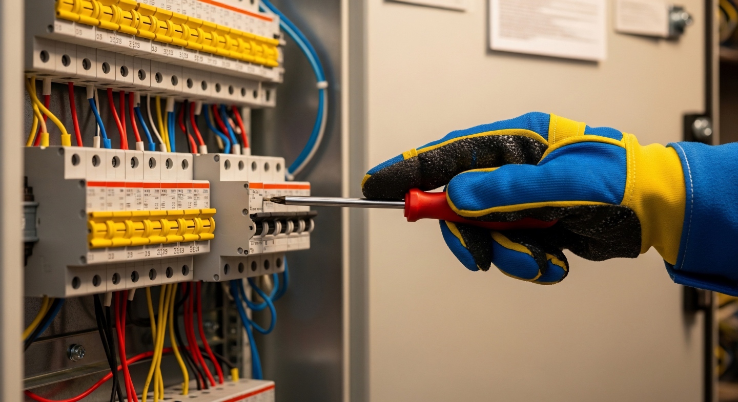 Main gantée contrôlant les disjoncteurs d'un tableau électrique avec un tournevis