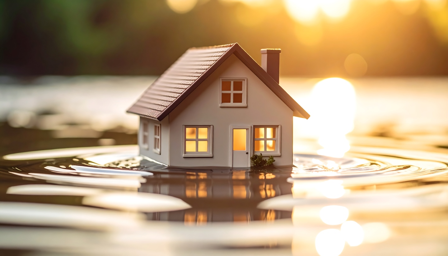 Maquette de maison à demi immergée dans l'eau au coucher du soleil, risque d'inondation