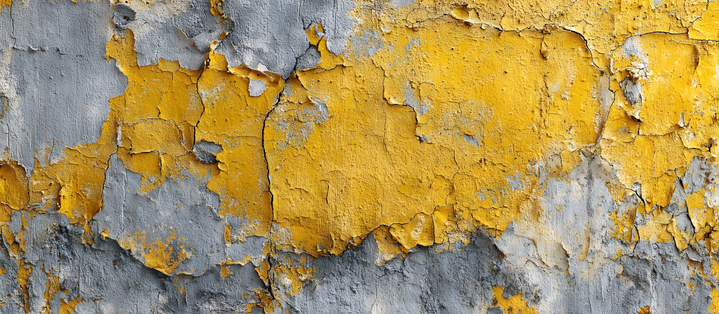Mur ancien à la peinture jaune écaillée et craquelée, pouvant contenir du plomb