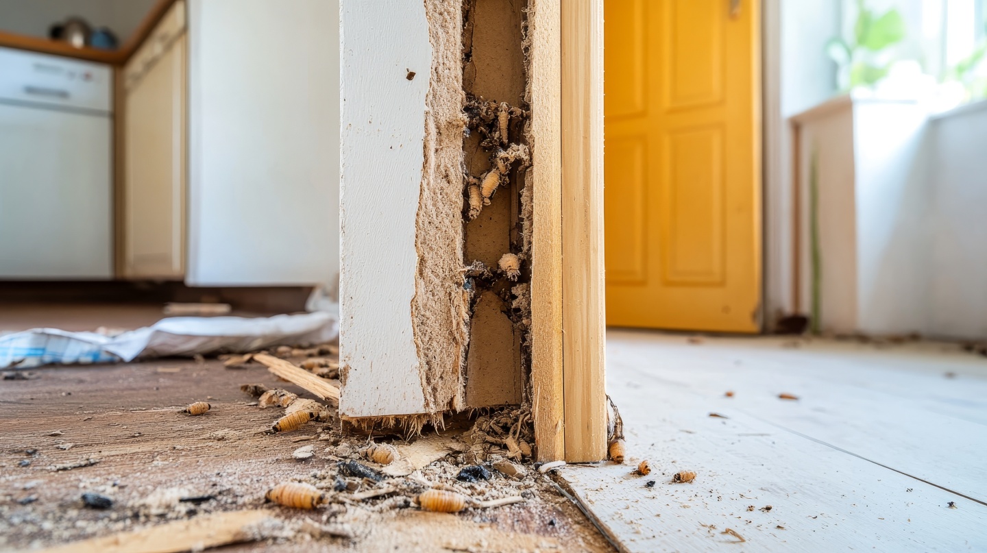 Bas d'un encadrement de porte en bois rongé par les termites, débris au sol